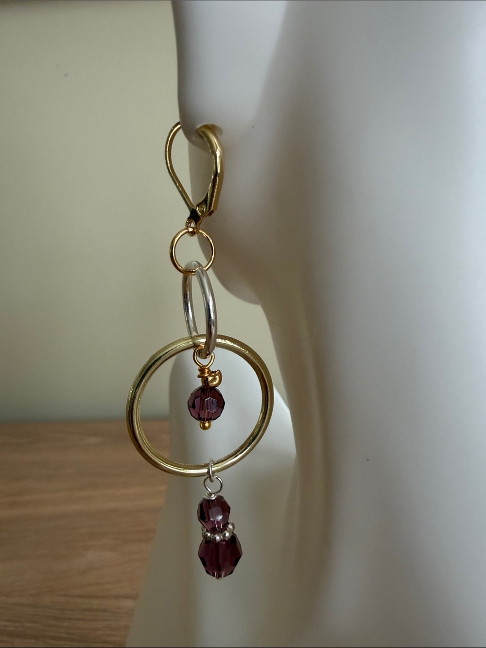 HAND CRAFTED AMETHYST SWAROVSKI CRYSTAL MIXED METAL DANGLE EARRINGS Dramatic - Picture 6 of 9